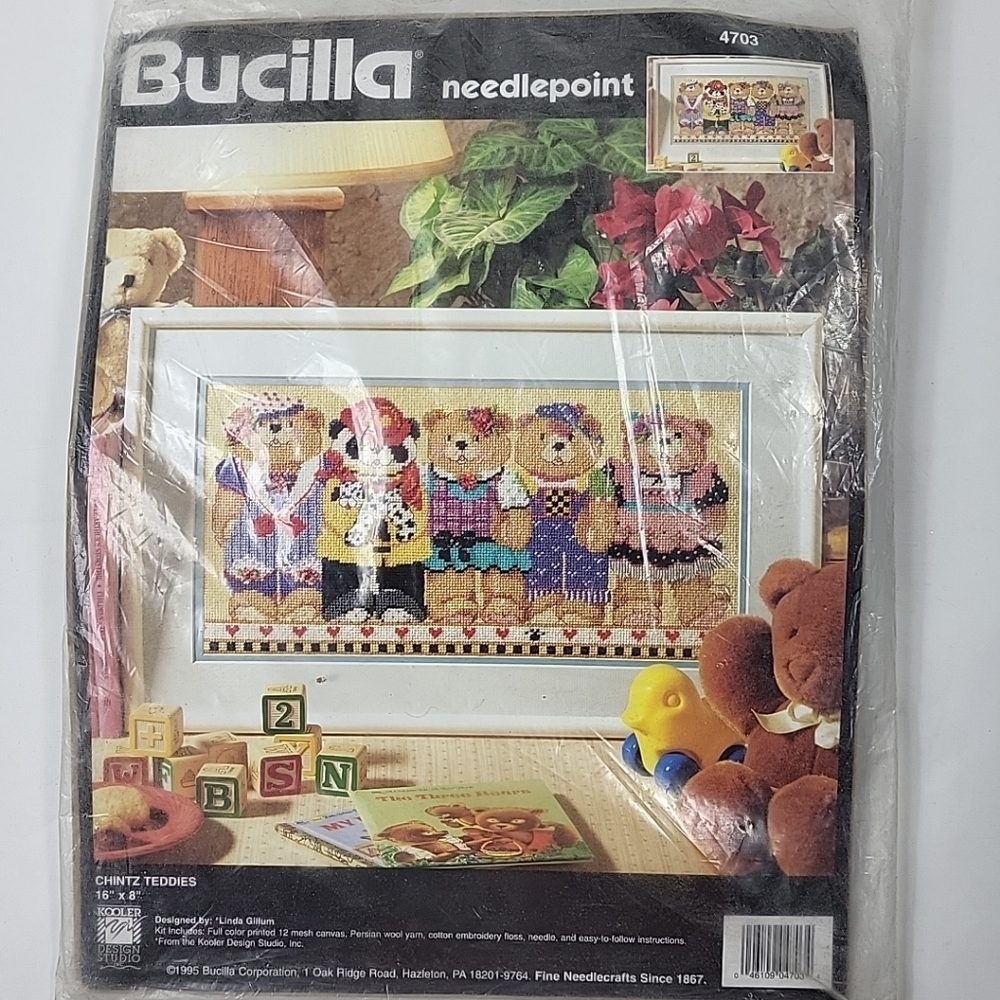 Chintz Teddies Bears Bucilla 4703 Vintage Needlepoint KIT New 1995 16" x 8"